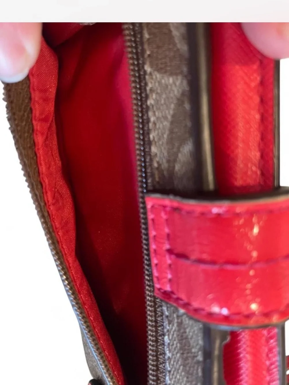 Coach Brown Signature Canvas Wristlet wallet with Red Strap